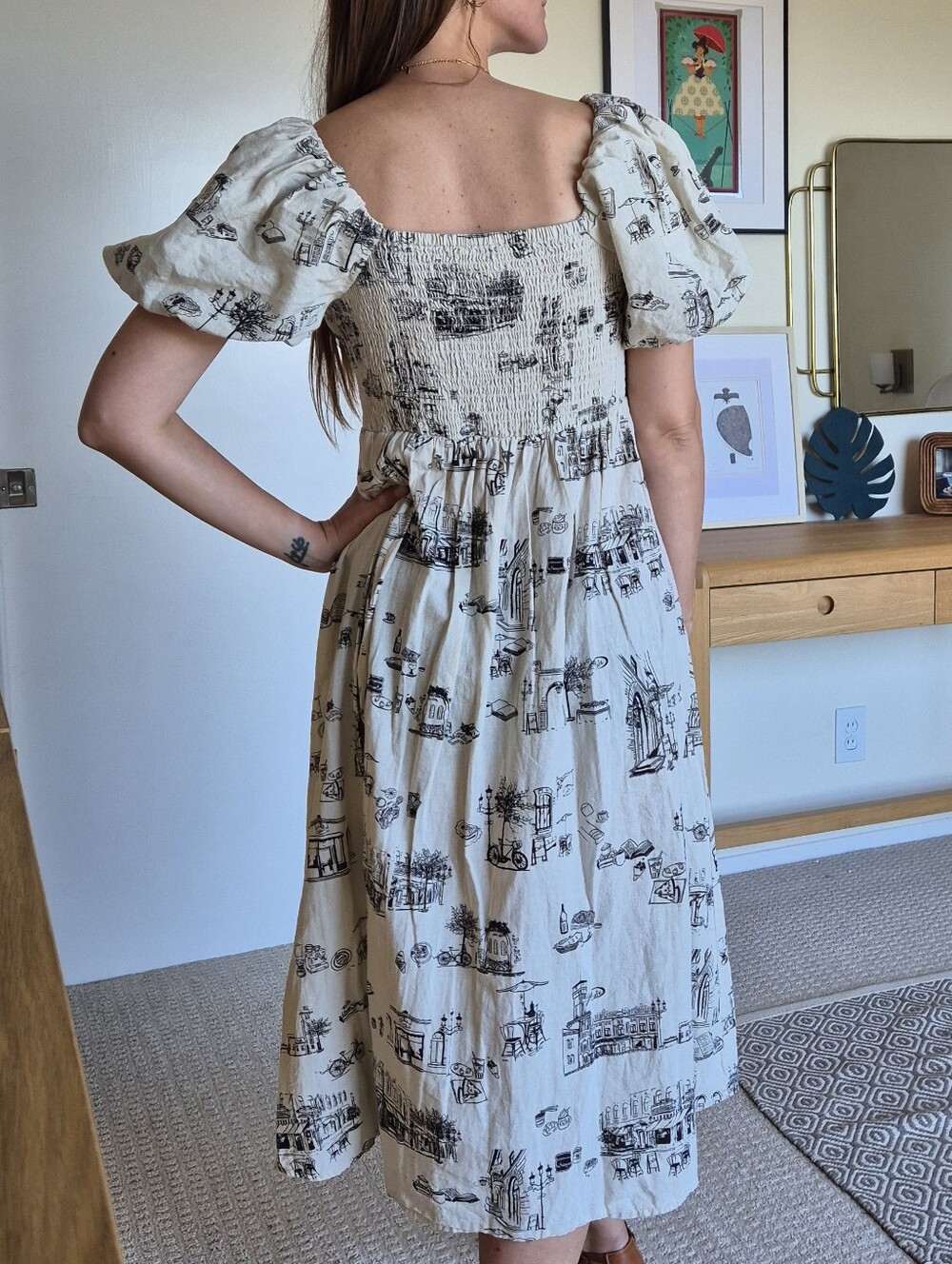 Tulip Creations Toile Cotton Midi Dress M Puff Sleeve Square Neck Cottagecore